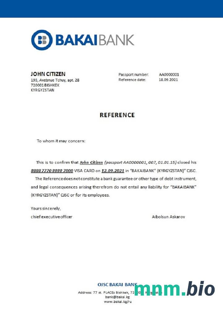 Kirgistan OJSC Bakai Bank closure reference example in Word and PDF formats